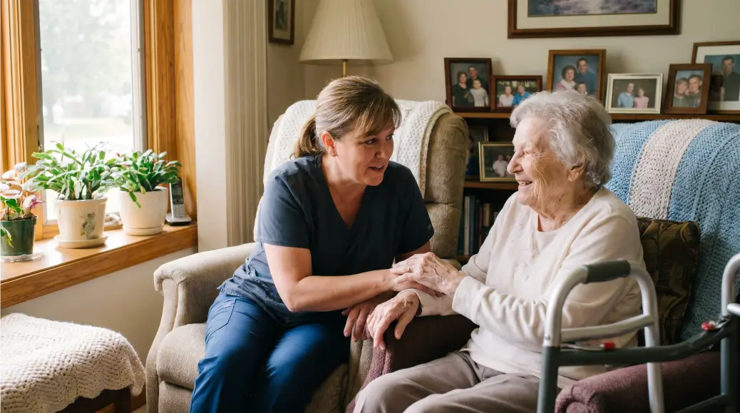 A nurse caregiver helping a woman needing memory care.